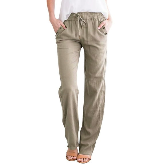 GZWYHT Plus Size Pants Baggy Pants Women Fashion Solid Color Cotton Elastic Long Pants Beach Leisure Trousers Womens Pants Lounge Pants Women Khaki S