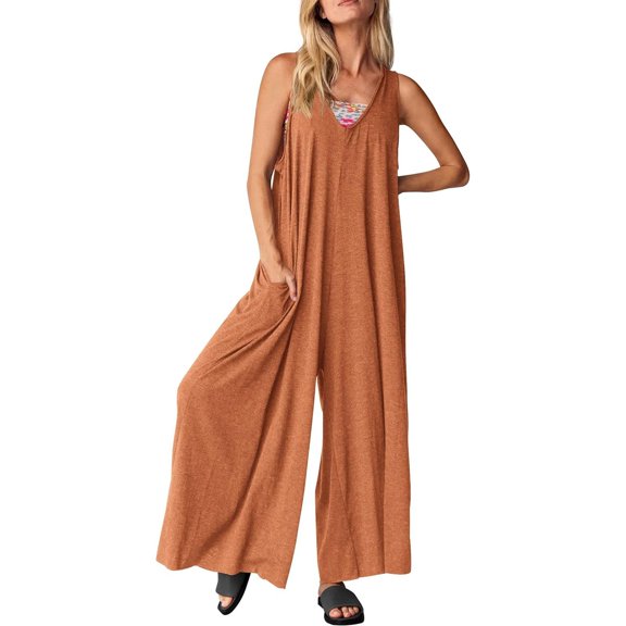 GZWYHT Rompers for Women Overalls for Women High Waisted Stylish Loose Jumpsuit Sleeveless Vest V Neck Wide Leg Lounge Sets for Women Casual Jumpsuits for Women Coffee XL