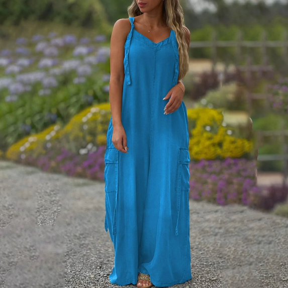 GZWYHT Rompers for Women Overalls for Women Overalls For Women Casual Solid Color Sleeveless Suspender Jumpsuits V Neck Loose Trendy Rompers Lounge Sets for Women Casual Jumpsuits for Women Blue M