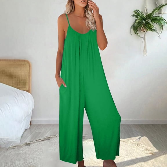 GZWYHT Rompers for Women Overalls for Women Women's Loose Sleeveless Jumpsuits Strap Stretchy Long Pant Romper Jumpsuit With Pockets Lounge Sets for Women Casual Jumpsuits for Women Green 3XL