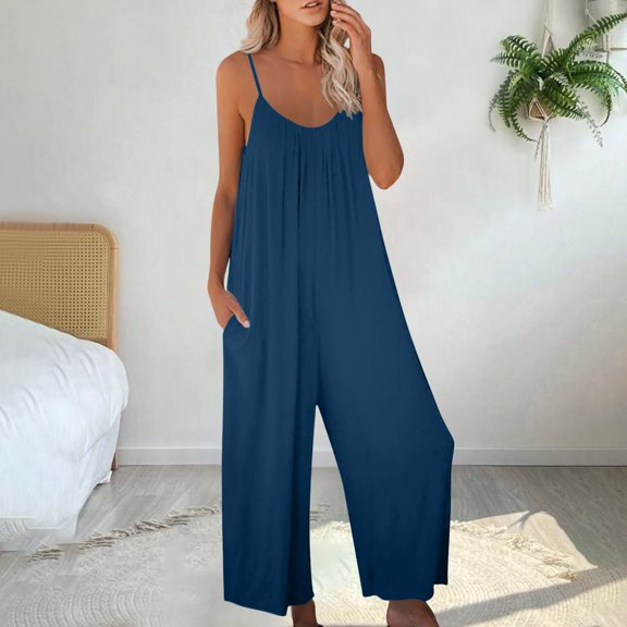 GZWYHT Rompers for Women Overalls for Women Women's Loose Sleeveless Jumpsuits Strap Stretchy Long Pant Romper Jumpsuit With Pockets Lounge Sets for Women Casual Jumpsuits for Women Navy 3XL