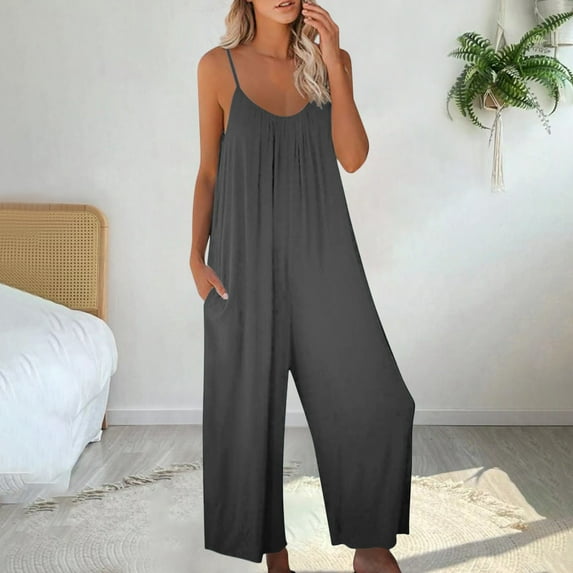 GZWYHT Rompers for Women Overalls for Women Women's Loose Sleeveless Jumpsuits Strap Stretchy Long Pant Romper Jumpsuit With Pockets Lounge Sets for Women Casual Jumpsuits for Women Grey XL