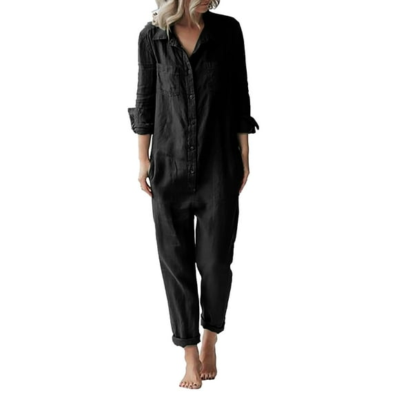 GZWYHT Rompers for Women Women's Jumpsuits Women's Cotton Linen Casual Loose Lapel Long Sleeve Button With Pockets Jumpsuit Long Sleeve Romper Jumpsuit for Women Black 3XL
