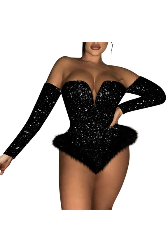 Rompers for Women Women's Jumpsuits Women's Zipper Offshoulder Sequin Velvet Long Sleeve Bodysuit Body Suit Tops Long Sleeve Romper Jumpsuit for Women Black XL
