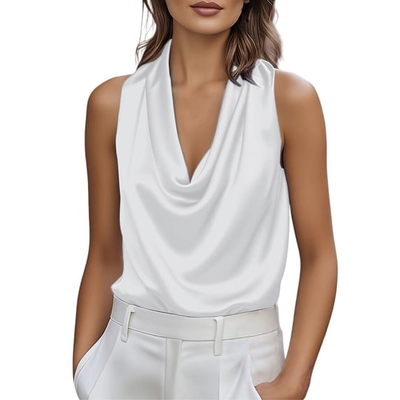 GZWYHT Satin Blouses For Women,Crew Neck Satin Tank Top Sleeveless Camisole Summer Basic Double Lined Form Fitting Scoop Neck Long Sleeve Blouses for Women White L