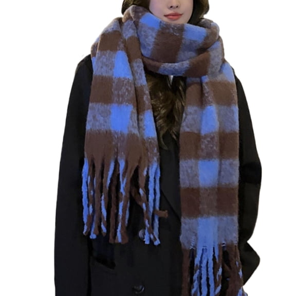GZWYHT Scarves for Women Lightweight,Scarves Women Woven Knitted Scarf With Colourful Check Pattern And Long Thick Fringes Warm Winter Neck Scarf,Clearance,Womens Scarves Blue