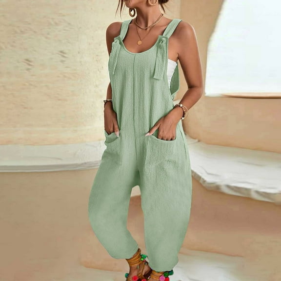 GZWYHT Sets for Women Jumpsuits for Women Women Casual U Neck Sleeveless Jumpsuits Spaghetti Strap Baggy Overalls Pants With Pocket Lounge Sets for Women Summer Sets for Women Green XL