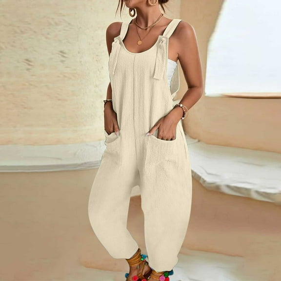 GZWYHT Sets for Women Jumpsuits for Women Women Casual U Neck Sleeveless Jumpsuits Spaghetti Strap Baggy Overalls Pants With Pocket Lounge Sets for Women Summer Sets for Women Beige XXL