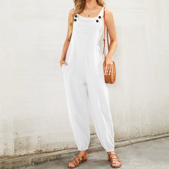 GZWYHT Sets for Women Jumpsuits for Women Women's Sleeveless Overalls Jumpsuit Casual Solid Summer Wide Leg Bib Pants Jumpsuit Romper With Pockets Lounge Sets for Women Summer Sets for Women White XL