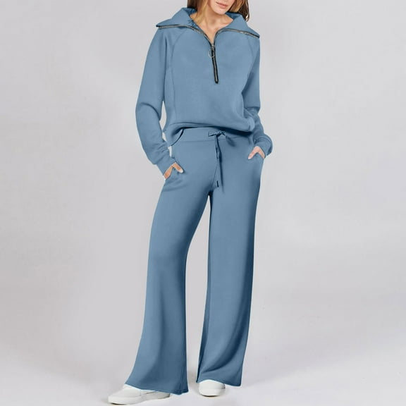 GZWYHT Sets for Women Long Sleeve Sets for Women Women Two Piece Outfits Sweatsuit Set Oversized Sweatshirt Wide Leg Sweatpant Fall Set Lounge Sets for Women Track Suits for Women Set Sky Blue XXL
