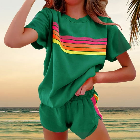 GZWYHT Two Piece Sets for Women Lounge Sets for Women Women 2 Piece Outfits Sweatsuit Casual Striped Pullover And Shorts Sets Travel Tracksuit Two Piece Sets for Women Summer Sets for Women Green M