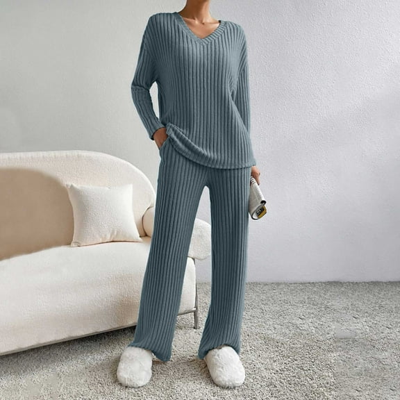 GZWYHT Sets for Women Lounge Sets for Women Women's Long Pyjamas 2025 Pyjama Set Cotton Long Sleeves Knitted Yoga Sets With Cosy Nightwear Two Piece Sets for Women Womens Pajama Sets Blue S