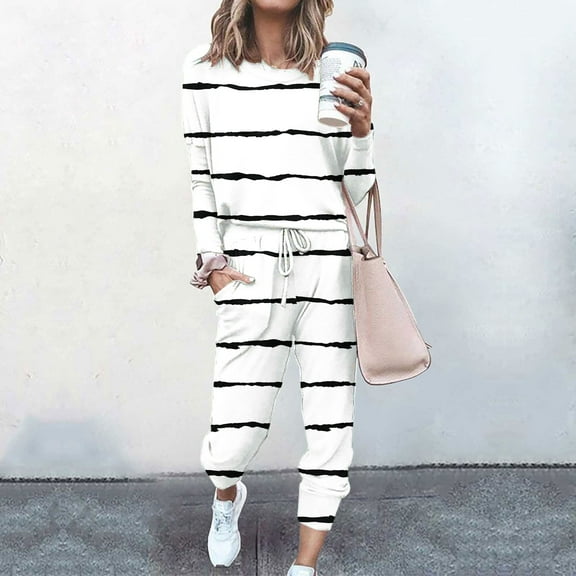 GZWYHT Sets for Women Lounge Sets for Women Women's Two Outfit Long Sleeve Crewneck Tops And Long Pants Sets 2 Piece Sets for Women Summer Sets for Women White XXL