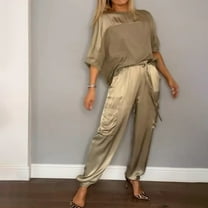 GZWYHT Sets for Women Lounge Sets for Women Womens 2 Piece Outfits Dressy Pant Suits Casual Irregular Satin Wide Leg Pant Sets Two Piece Sets for Women Comfy Sets for Women Clothing Beige L