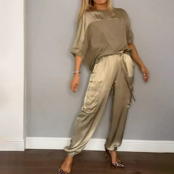 GZWYHT Sets for Women Lounge Sets for Women Womens 2 Piece Outfits Dressy Pant Suits Casual Irregular Satin Wide Leg Pant Sets Two Piece Sets for Women Comfy Sets for Women Clothing Beige L