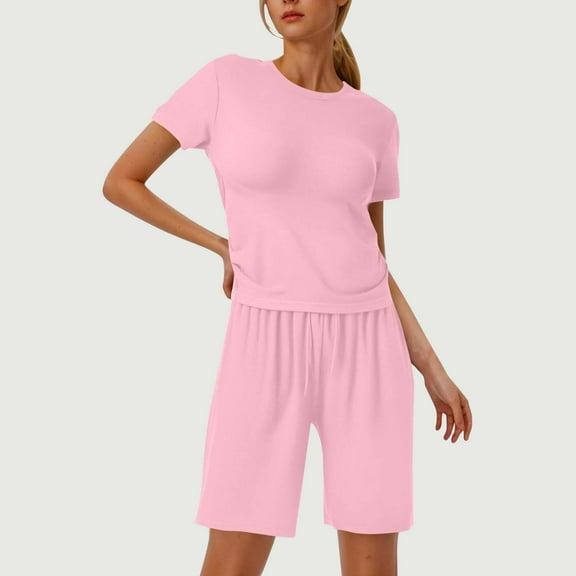 GZWYHT Sets for Women Lounge Sets for Women Womens 2 Piece Set Short Sleeve Tops Drawstring Shorts Summer Casual Outfits Pajamas 2 Piece Sets for Women Womens Loungewear Set Red S