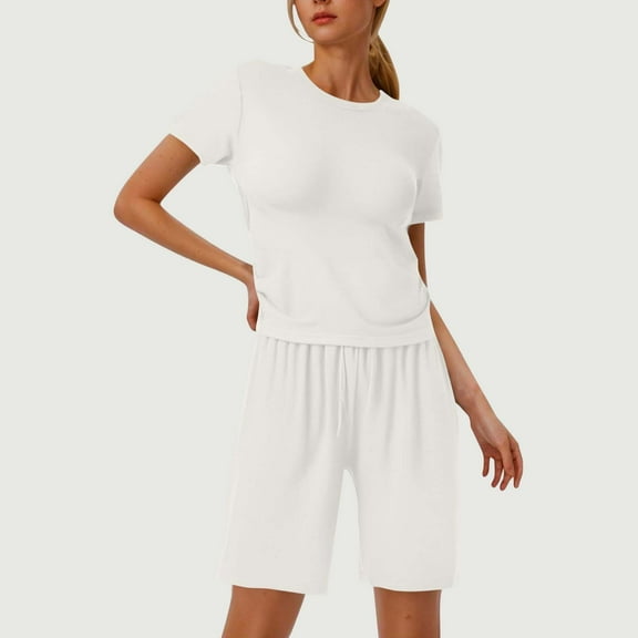 GZWYHT Sets for Women Lounge Sets for Women Womens 2 Piece Set Short Sleeve Tops Drawstring Shorts Summer Casual Outfits Pajamas 2 Piece Sets for Women Womens Loungewear Set White S