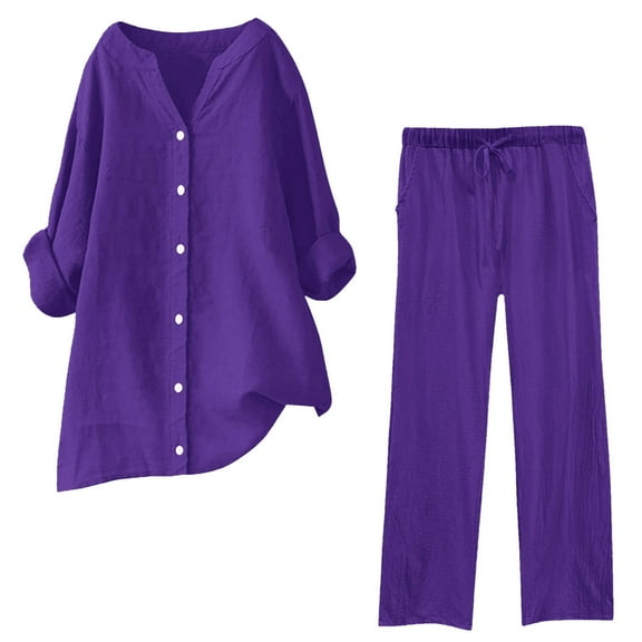 GZWYHT Sets for Women Lounge Sets for Women Womens Daily Casual Solid Long Sleeve Shirt Tops Pockets Pants Shirt Trousers Set 2 Piece Sets for Women Summer Sets for Women Purple M