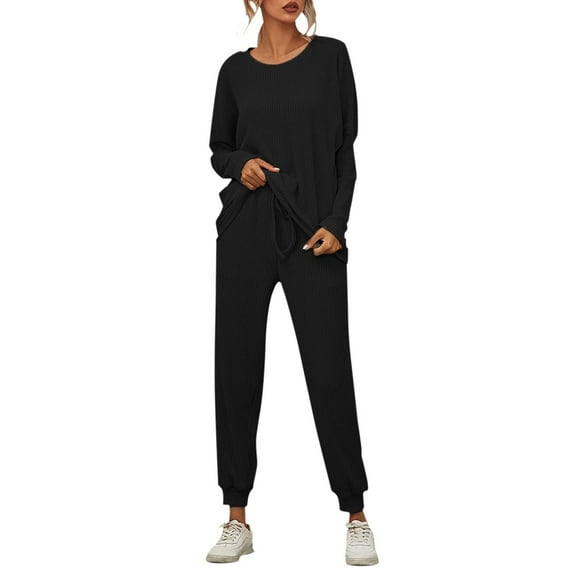 GZWYHT Sets for Women Pajamas for Women Set Women's Solid Color Stripes Loose Loungewear Pajamas Long Sleeved Casual Wear Cotton Pajamas for Women Set Comfy Pajamas for Women Set Black S