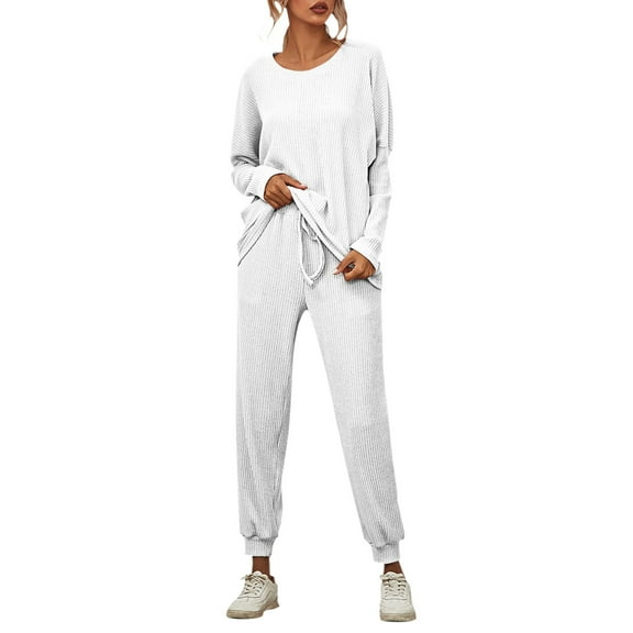 GZWYHT Sets for Women Pajamas for Women Set Women's Solid Color Stripes Loose Loungewear Pajamas Long Sleeved Casual Wear Cotton Pajamas for Women Set Comfy Pajamas for Women Set White 5XL