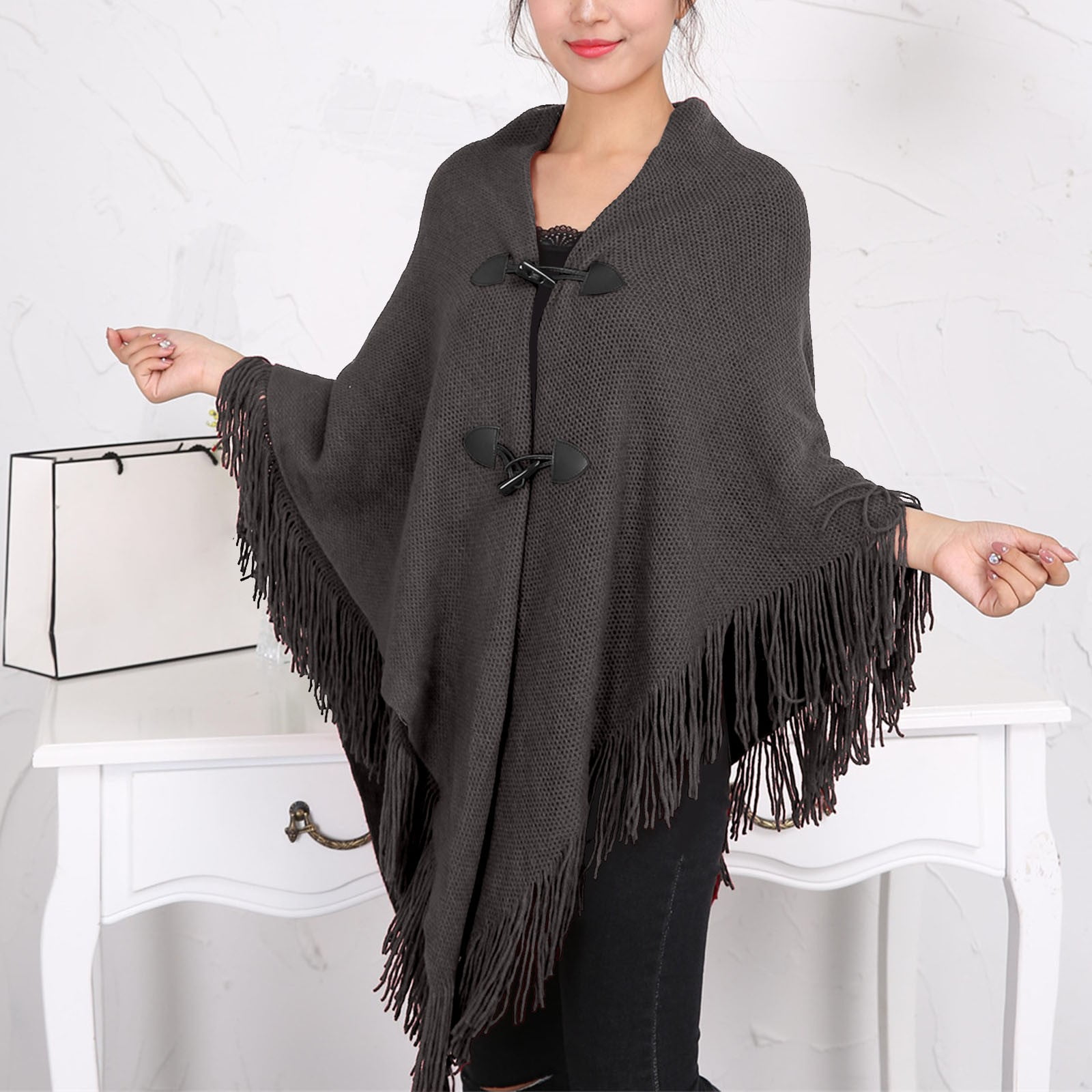 Sakkas Mari Women's Reversible Large Poncho Shawl Wrap Scarf Cape Ruana Blanket Tetrisblackwhite One Size Regular
