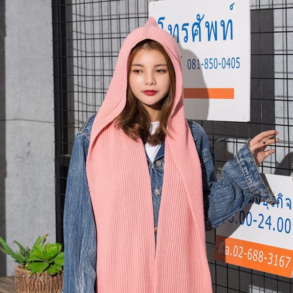GZWYHT Shawl Wraps,Shawl Solid 2 In 1 Knit Hooded Scarf Set Winter Melon Cap Warm Thick Cable Knitted Hat Scarf Set Stretchable Athletic Hats Scarf Set For Women Scarves for Women Lightweight Pink