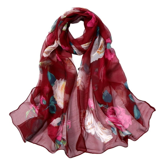 GZWYHT Shawl Wraps,Silk Scarf Fashion Women Roses Printing Long Soft Wrap Scarf Simulation Silk Shawl Scarves Shawl,Scarves for Women Lightweight,Shawls And Wraps Wine Red