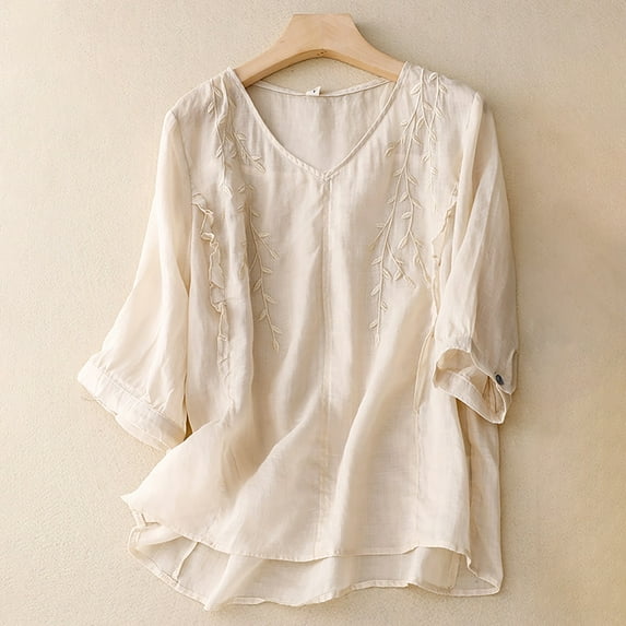 GZWYHT Shirts for Women,Button Down Shirts,Cotton Linen Button Short Sleeve Shirts Summer Loose Crew Neck Casual Boho Top Vintage Embroidered Blouse Tops,Short Sleeve Shirts,Blouses for Women