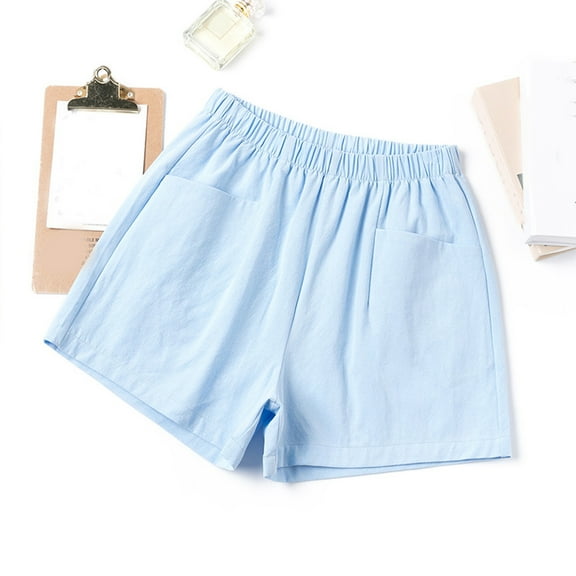 GZWYHT Shorts for Women Cotton Shorts Cotton And Linen Shorts Women'S Casual Large Size Printed Plaid Pants Versatile Wide Legs Lounge Pants Women Comfy Pants Women Sky Blue L