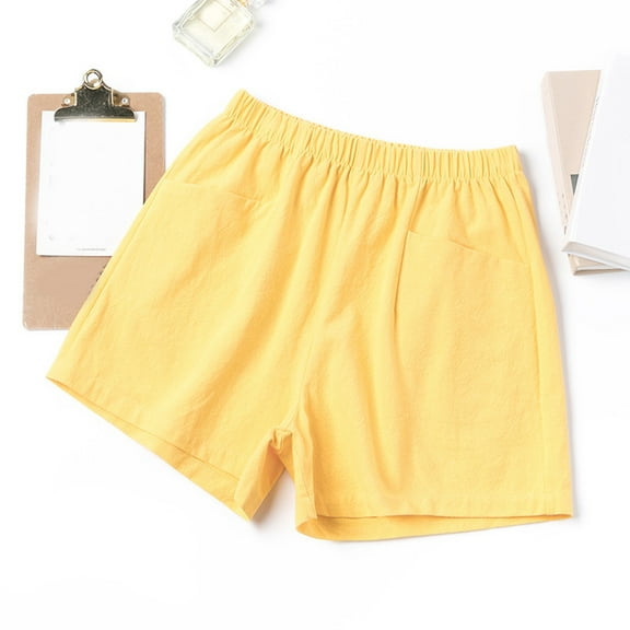 GZWYHT Shorts for Women Cotton Shorts Cotton And Linen Shorts Women'S Casual Large Size Printed Plaid Pants Versatile Wide Legs Lounge Pants Women Comfy Pants Women Yellow S