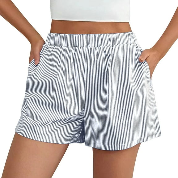 GZWYHT Shorts for Women Lounge Pants Women Women's Summer Fashionable Casual Loose Back Patch Pocket Striped Shorts Comfy Pants Women Flowy Shorts for Women Sky Blue M