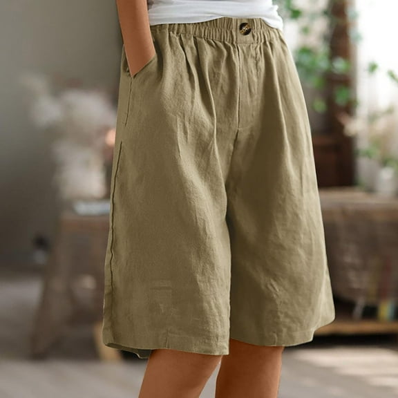 GZWYHT Shorts for Women Summer Shorts for Women Womens Wide Leg Shorts Comfy Cotton Linen Shorts Summer Fashion Casual Short Pants Loose Knee Length Shorts Lounge Shorts Women Flowy Pants Khaki M