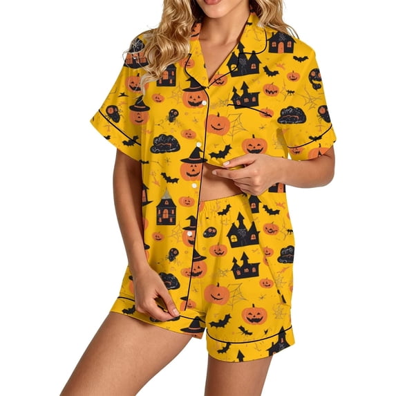GZWYHT Silk Halloween Pajamas Women Fall Pajamas for Women Matching Halloween Pajamas Short Sets for Women Lounge Sets for Women Pajama Sets for Women Soft Pajamas Print Pajamas Print Pajamas