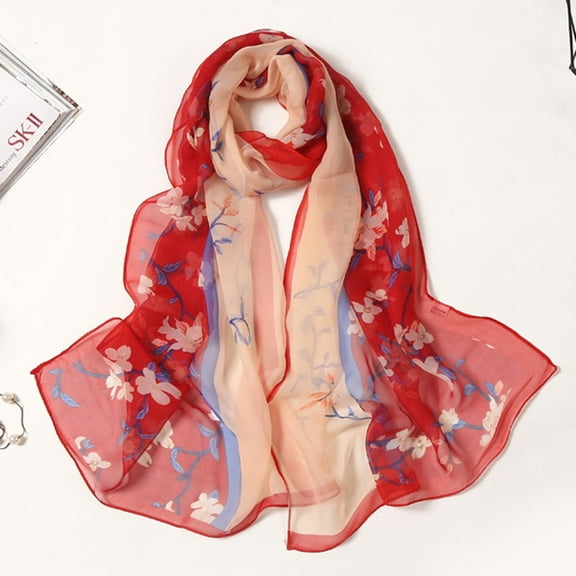 GZWYHT Silk Scarf,Scarves for Women Lightweight 160*50cm Women Flower Print Long Soft Wrap Scarf Simulation Silk Shawl Scarves Neck Scarf,Clearance,Womens Scarves Red