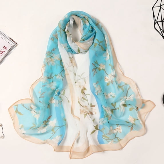 GZWYHT Silk Scarf,Scarves for Women Lightweight 160*50cm Women Flower Print Long Soft Wrap Scarf Simulation Silk Shawl Scarves Neck Scarf,Clearance,Womens Scarves Light blue