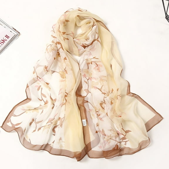 GZWYHT Silk Scarf,Scarves for Women Lightweight 160*50cm Women Flower Print Long Soft Wrap Scarf Simulation Silk Shawl Scarves Neck Scarf,Clearance,Womens Scarves Beige