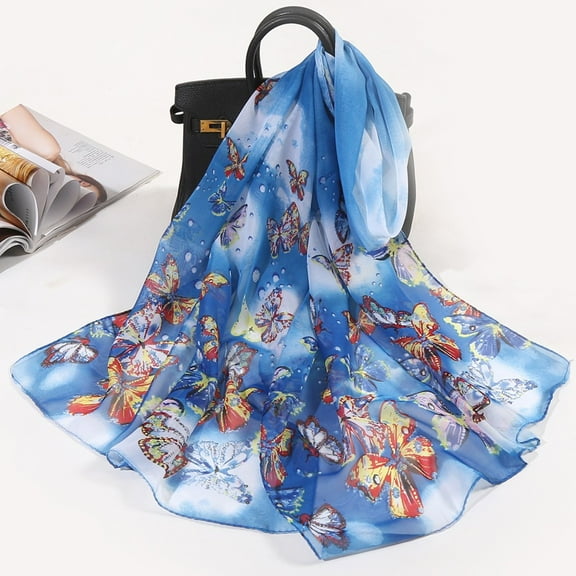 GZWYHT Silk Scarf,Scarves for Women Lightweight 160*50cm Women Flower Print Long Soft Wrap Scarf Silk Shawl Scarves Neck Scarf,Clearance,Womens Scarves Blue