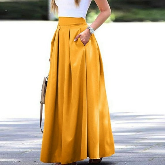 GZWYHT Skirts for Women,Maxi Skirt Women's Large Solid Color Pocket High Waist Ol Half Skirt Pleated Skirt Long Skirts,Pleated Skirts,Yellow Dress,Cargo Skirt XL