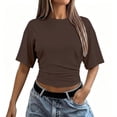 thumbnail image 1 of GZWYHT Solid Side Ruched Waist Cropped T Shirt for Women, Classic Round Neck Drop Shoulder Half Sleeve Slim Fit Crop Top, Elastic Lightweight Casual Short Tee Brown XL, 1 of 7