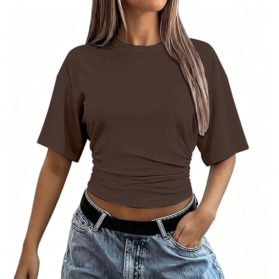 GZWYHT Solid Side Ruched Waist Cropped T Shirt for Women, Classic Round Neck Drop Shoulder Half Sleeve Slim Fit Crop Top, Elastic Lightweight Casual Short Tee Brown XL