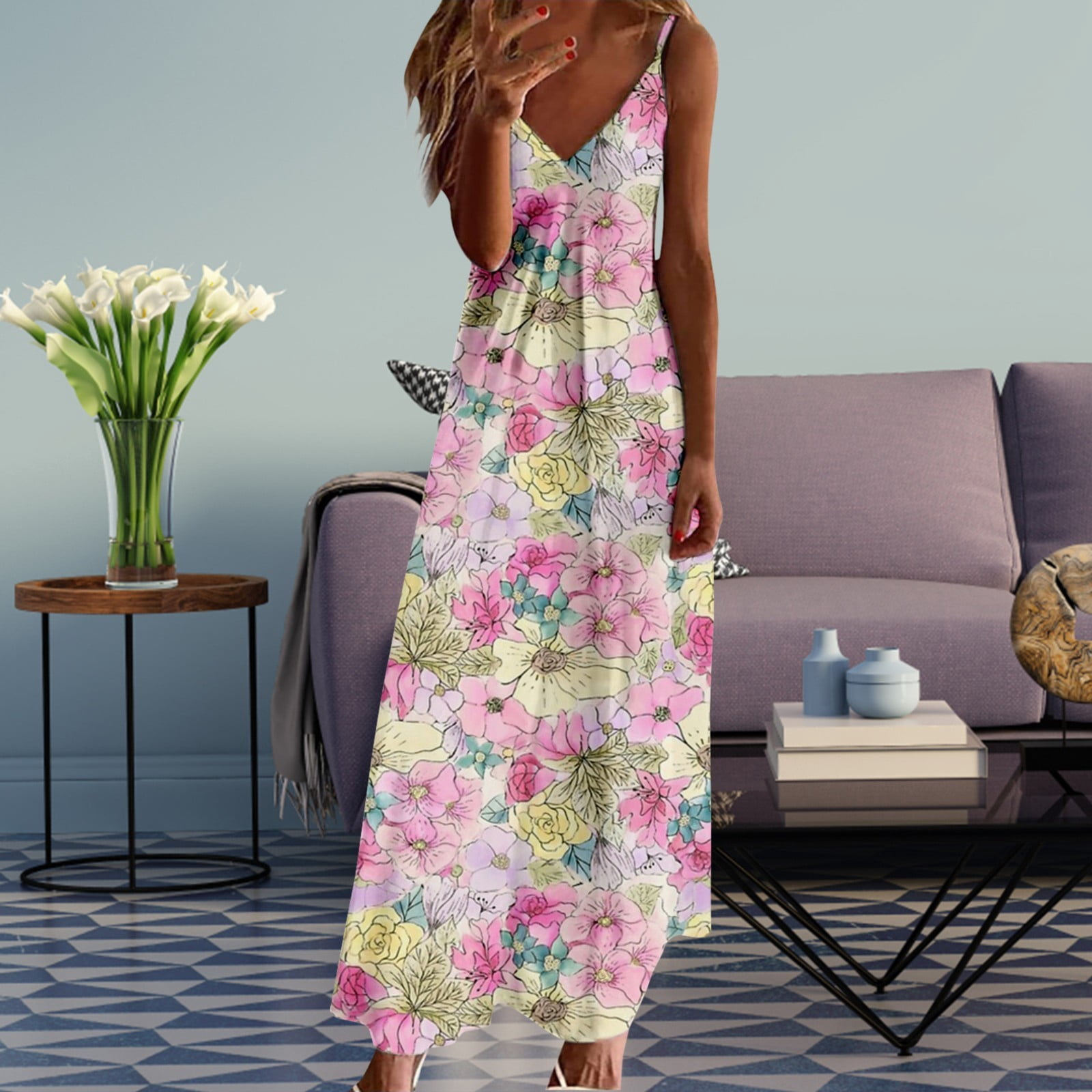 Women's Floral Print Wrap Maxi Dress - Sleeveless, A-Line, Patchwork Ruffle Hem, For Summer, Business Casual, Or Teacher
