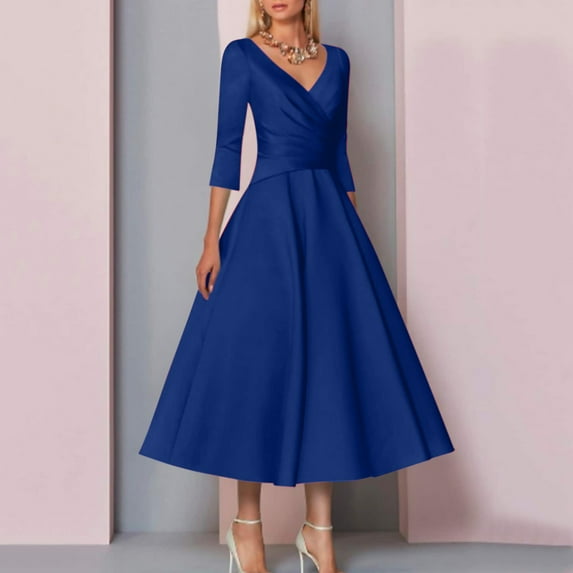GZWYHT Summer Dresses,Dresses for Women 2025 A Line Mother Of The Bride Dress Wedding Guest Vintage Elegant Tea Length Satin With Pleats Maxi Dresses,Casual Dresses,Blue Dress,Vacation Dresses XL