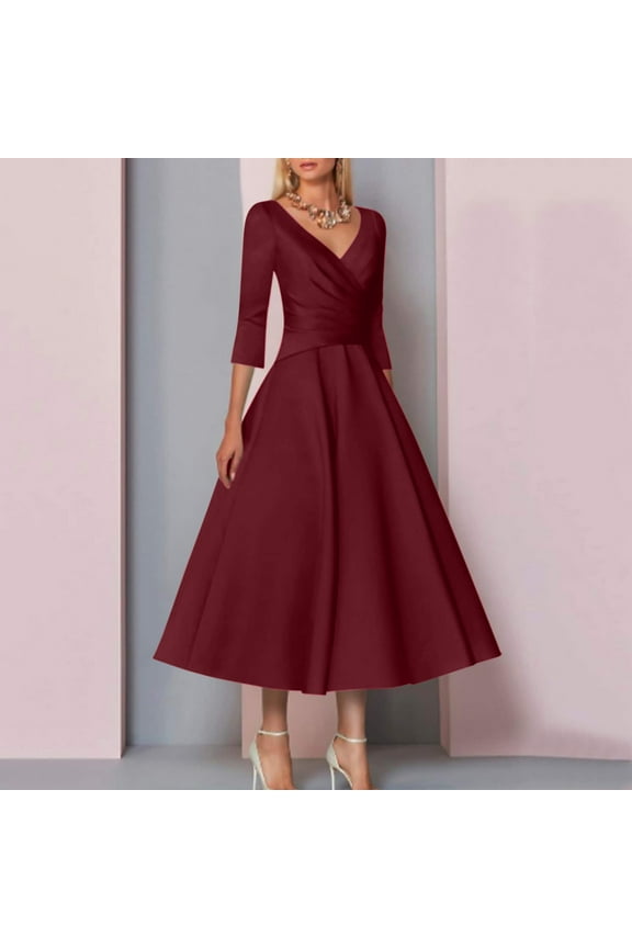 Summer Dresses,Dresses for Women 2025 A Line Mother Of The Bride Dress Wedding Guest Vintage Elegant Tea Length Satin With Pleats Maxi Dresses,Casual Dresses,Wine Dress,Vacation Dresses 2XL