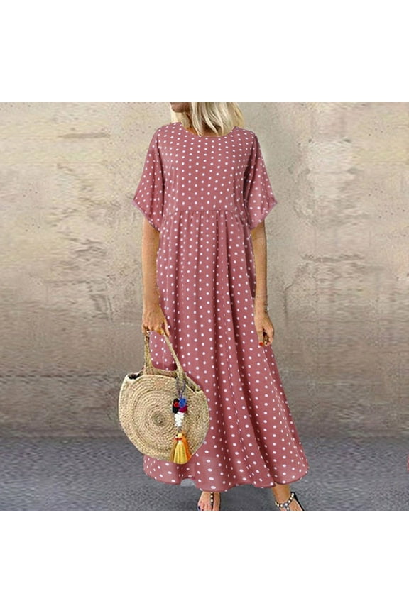 Summer Dresses,Dresses for Women 2025 Women's Causal Short Sleeve Polka Dot Printed Dress Retro Beach Dress Plus Size Plus Size Dresses,Maxi Dresses,Pink Dress,Flowy Dresses 2XL