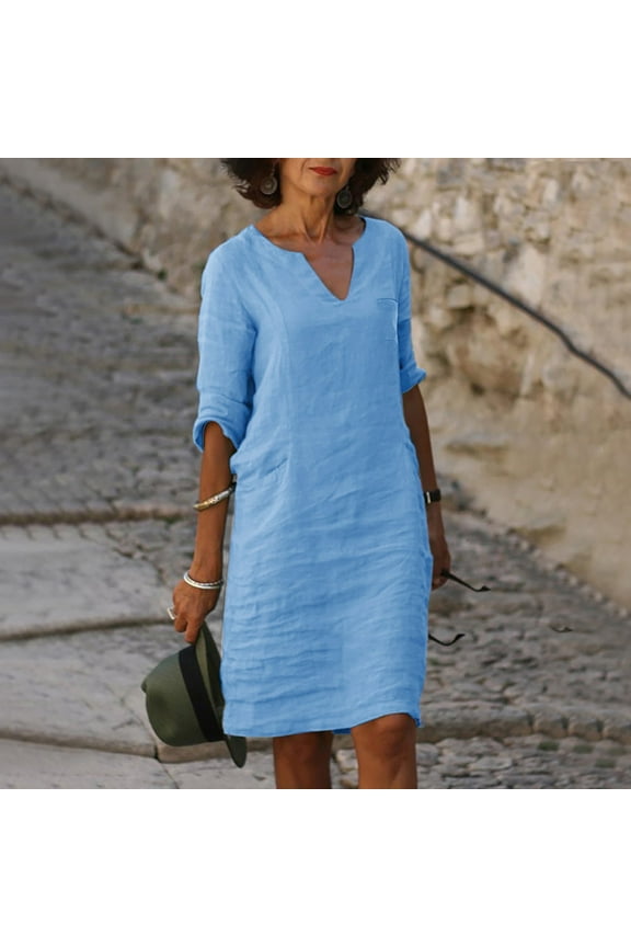 Summer Dresses,Dresses for Women 2025 Women's Fashionable And Comfortable V Neck Half Sleeved Cotton And Linen Short Mini Dress Midi Dresses,Petite Dresses,Blue Dress,Linen Dresses L