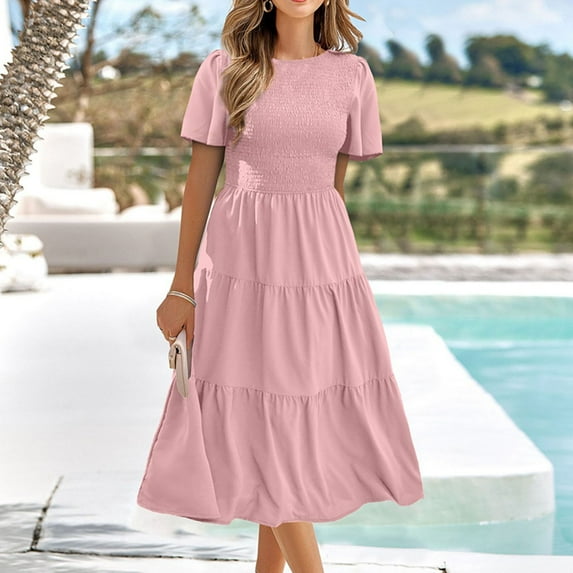 GZWYHT Summer Dresses,Dresses for Women 2025 Women's Summer Casual Flutter Short Sleeve V Neck Smocked Elastic Waist Tiered Midi Dress Midi Dresses,Flowy Dresses,Pink Dress,Petite Dresses L