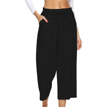 GZWYHT Summer Pants,High Waisted Pants,Womens Linen Pants High Waisted Wide Leg Drawstring Casual Loose Trousers With Pockets,Pants for Women,Palazzo Pants,Sweatpants Women,Black,S