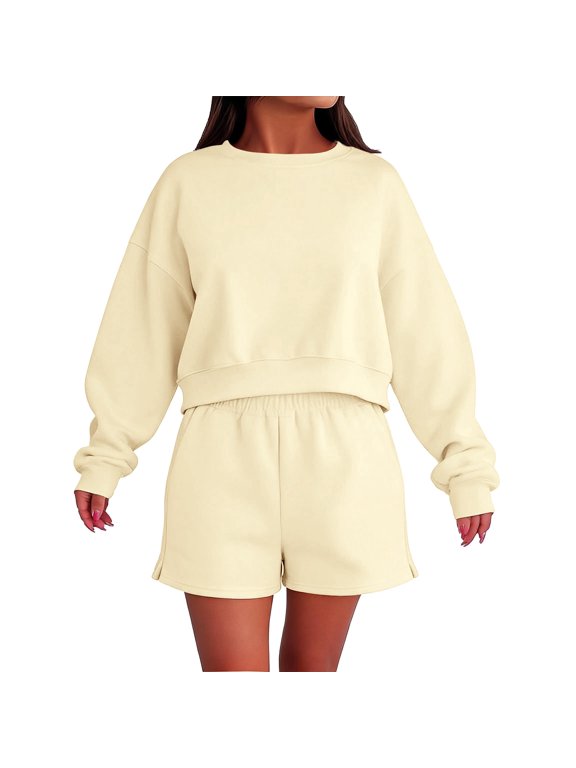 Sweatshirt and Shorts Set Long Sleeve Short Set Casual Matching Sets for Women Long Sleeve Tops and Shorts Bride Lounge Set Bride Sweatsuit 2 Piece Sets for Women Work From Home Beige S