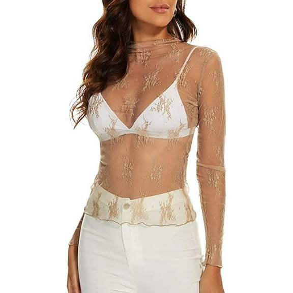 GZWYHT T Shirts for Women Womens Long Sleeve T Shirts Mesh Long Sleeve Layered Top Womens Ladies Floral Embroidery Transparent Tight See T Shirt Tshirts Shirts Womens Tops Womens Summer Tops Beige M