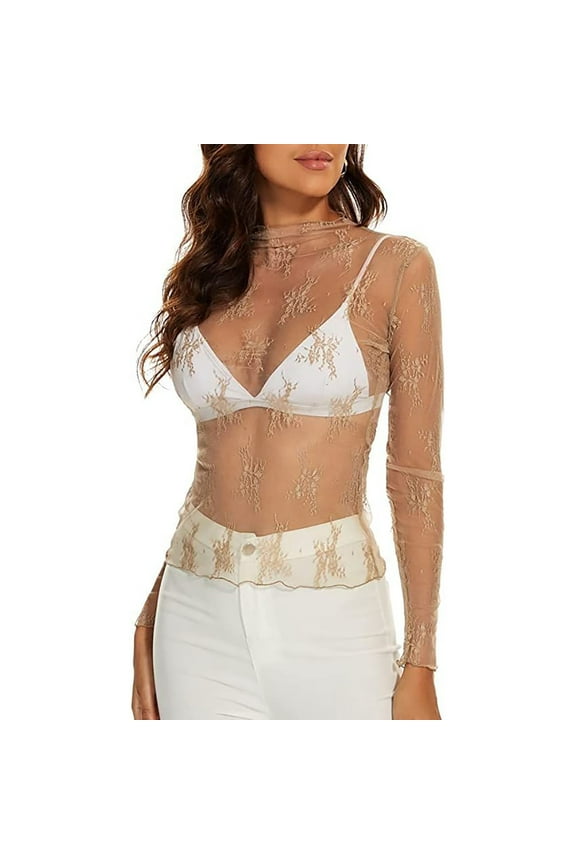 T Shirts for Women Womens Long Sleeve T Shirts Mesh Long Sleeve Layered Top Womens Ladies Floral Embroidery Transparent Tight See T Shirt Tshirts Shirts Womens Tops Womens Summer Tops Beige M